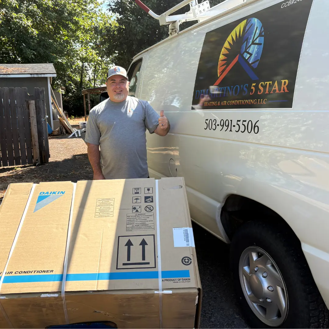 DiMartino's HVAC technician with service van and Daikin equipment