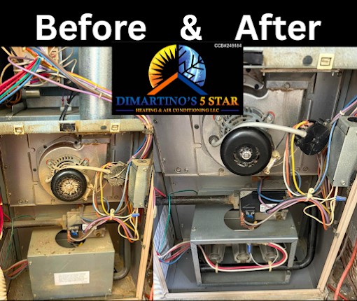 AC Maintenance Before & After Results - DiMartino's Professional Service Salem OR Before and after AC maintenance service showing clean vs dirty HVAC components Salem Oregon