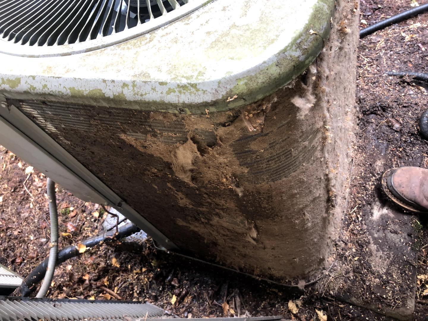 AC Condenser Coil Cleaning Service - Before Professional Maintenance Salem OR Dirty AC condenser coils requiring professional cleaning maintenance service Salem Oregon