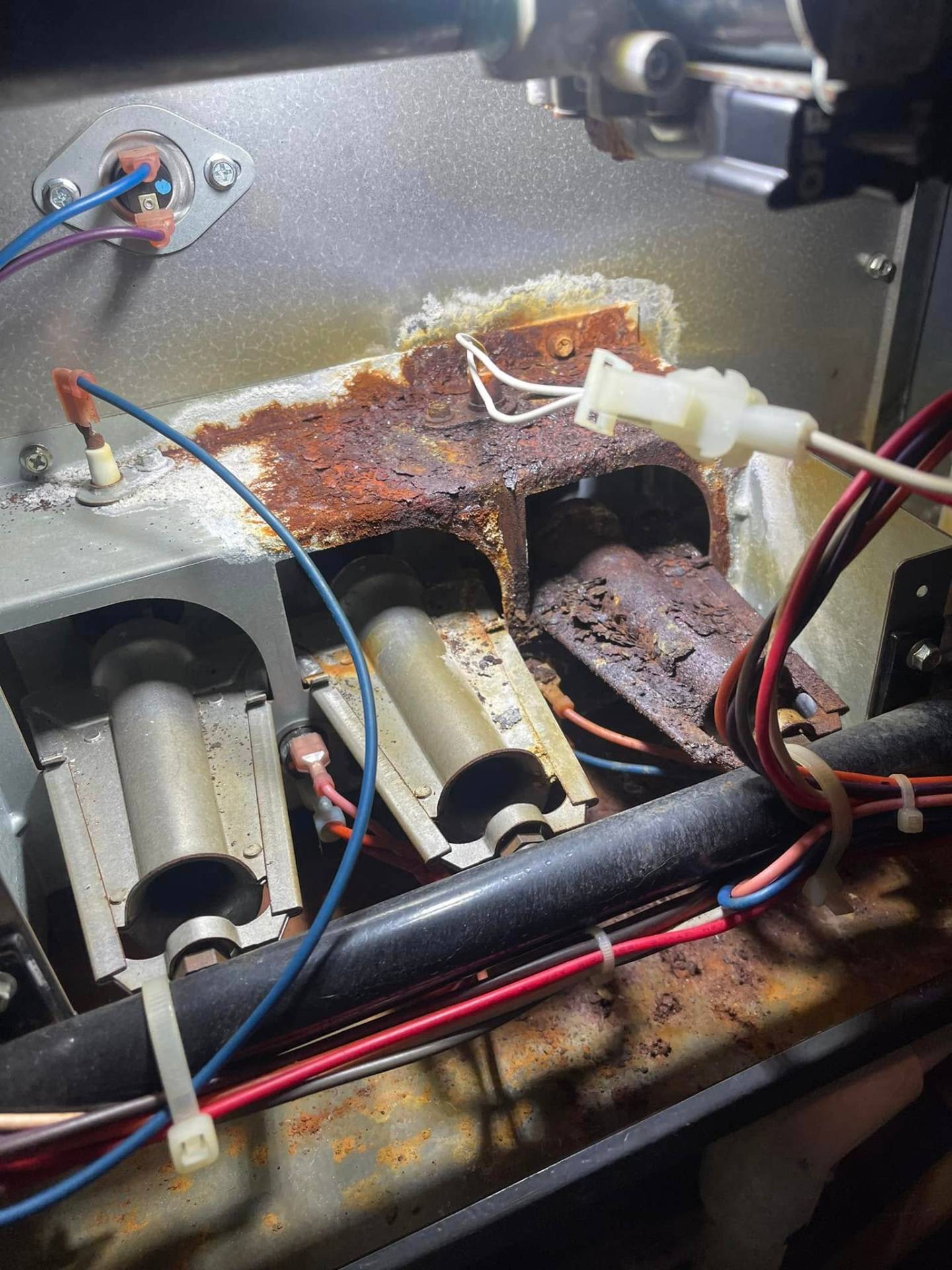 Emergency Furnace Heat Exchanger Repair - Salem Oregon Critical HVAC Services Corroded furnace heat exchanger requiring professional repair Salem Oregon HVAC emergency service