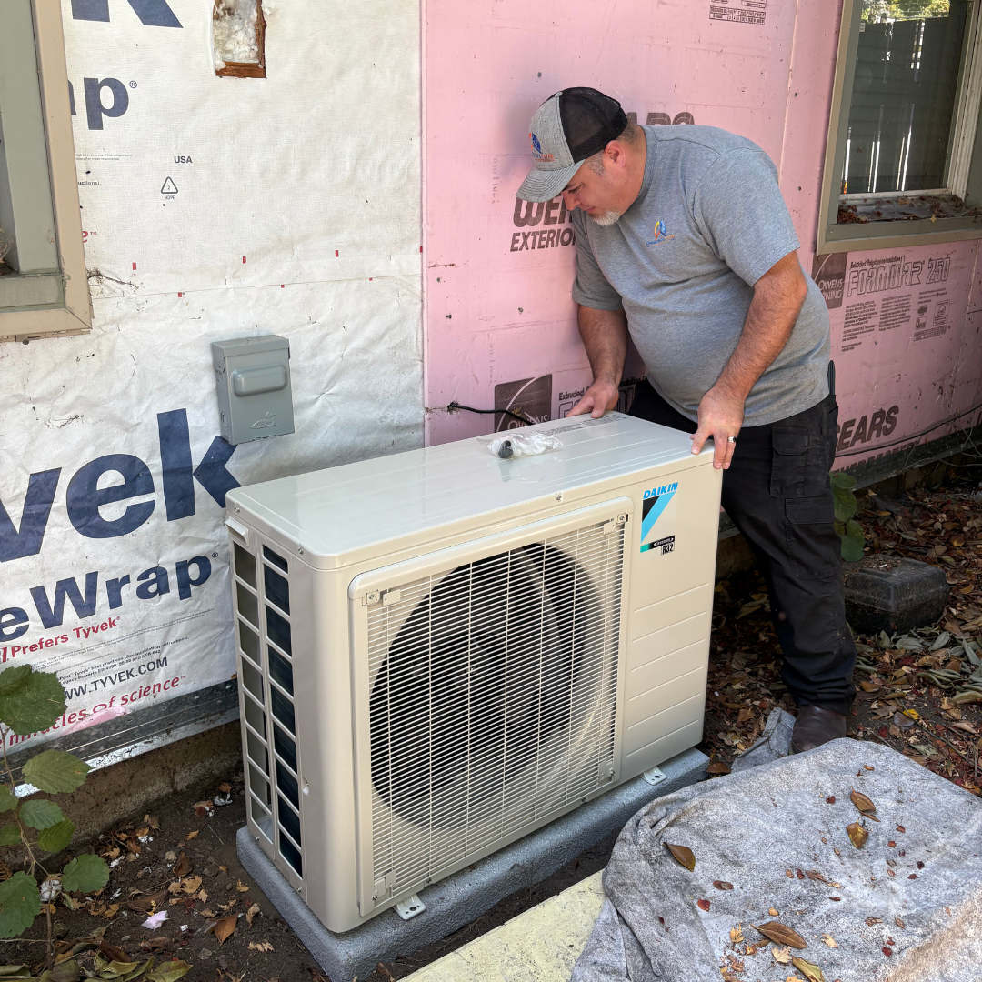 Professional AC Unit Installation Salem Oregon - Expert HVAC Installation Expert technician installing Daikin outdoor air conditioning unit with proper positioning and connections in Salem Oregon