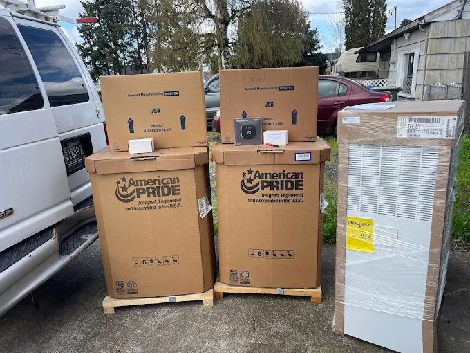Professional Heat Pump Installation Equipment - Salem Oregon HVAC Services Professional heat pump equipment delivery Salem Oregon American Pride HVAC units ready for installation