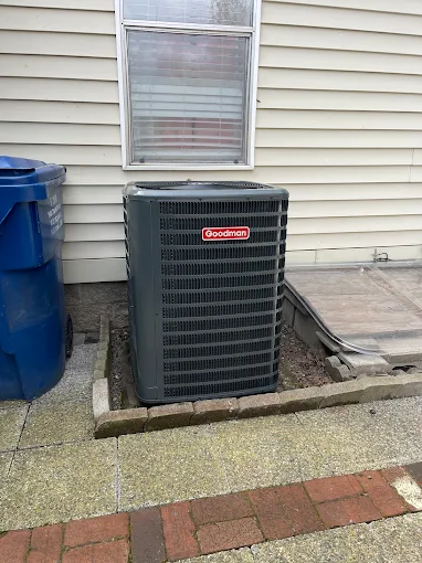 Completed AC Installation Salem Oregon - Quality HVAC Installation Service Professionally installed Goodman air conditioning unit completed installation in Salem Oregon residential setting